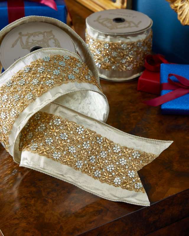 Metallic Ribbon with Crystal Floral, 4"W x 5 yards